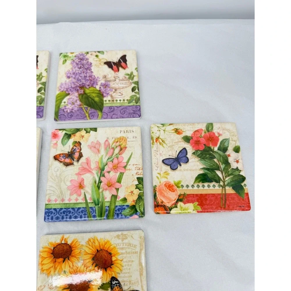 Butterfly Ceramic Coasters Floral French Cottage Country Whimsical Decor 8 Pc